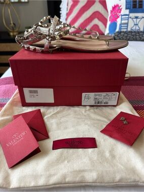 Valentino Garavani Metallic Gold Rockstud T-Strap Flat Sandals